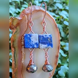 Lapis Lazuli Gemstone Earrings Artisan Crafted Copper Wrap Pyrite Drop Accents